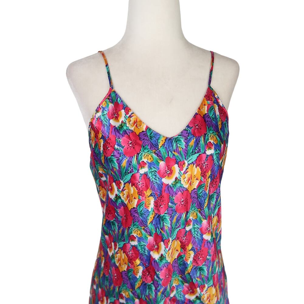 Vintage 90s pink multicolor floral print satin mini slip dress M - Picture 2 of 5